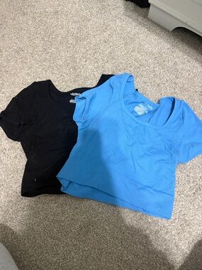 wild fable Bright Blue and black Ribbed Scoop Neck Crop Tops